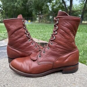 Vtg Justin Boots 424 Packer Riding Western Brown Leather Boots Mens USA Sz 9.5 D